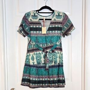 RAGA Teal, Cream & Purple Patterned Short Dress